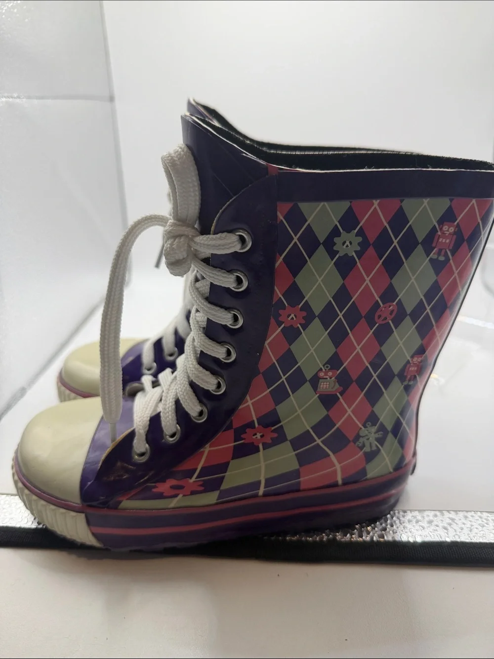 Dav Kids Purple Argyle Lace-Up Rubber Rain Boots Size 11C Retro